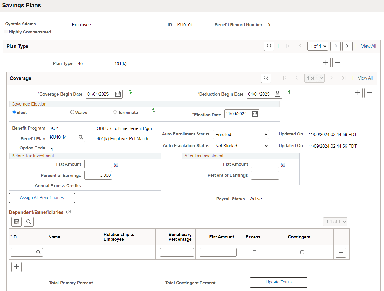 Savings Plan Page (Page 1 of 2)