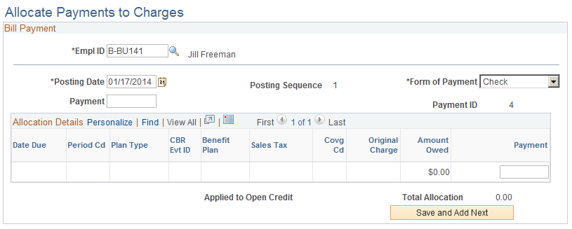 Allocate Payments to Charges page