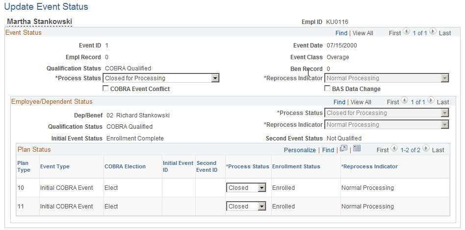 Update Event Status page