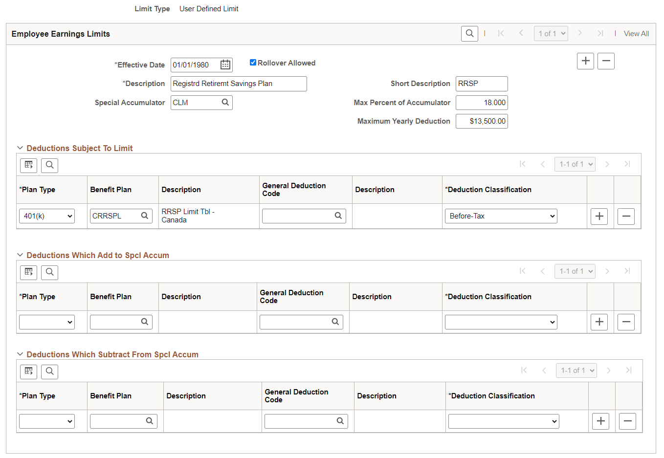 Limit Table for User Defined Limit