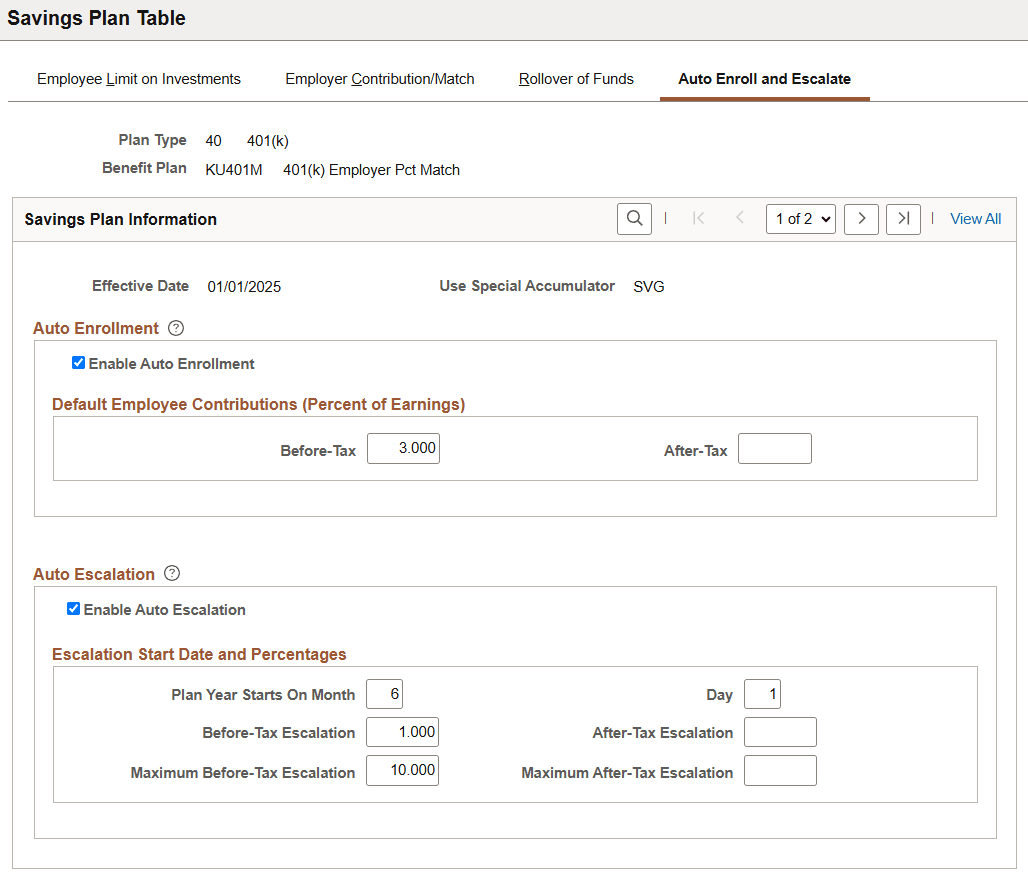Auto Enroll and Escalate page of Savings Plan Table
