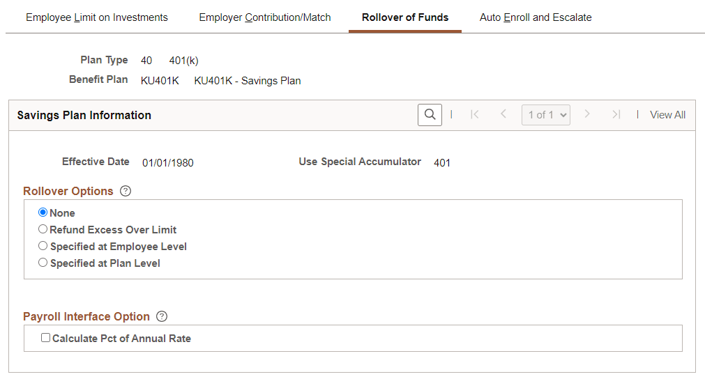 Rollover of Funds page of Savings Plan Table