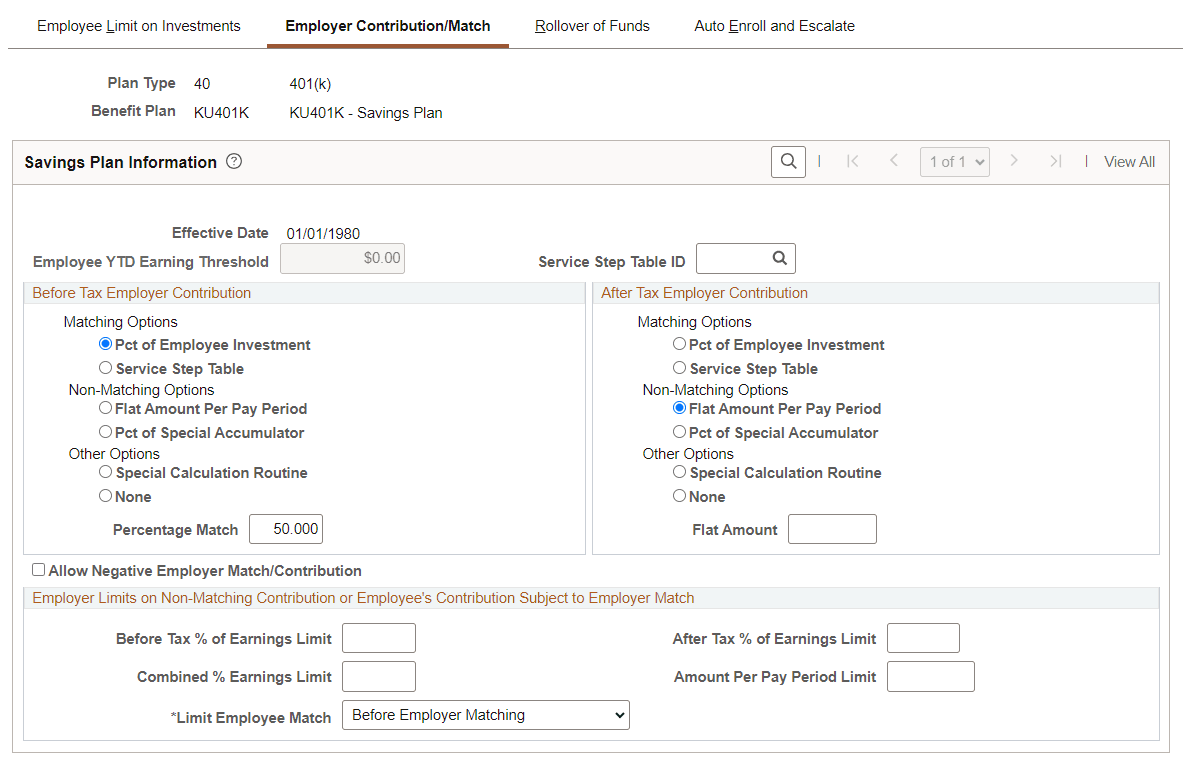 Employer Contribution or Match page of Savings Plan Table