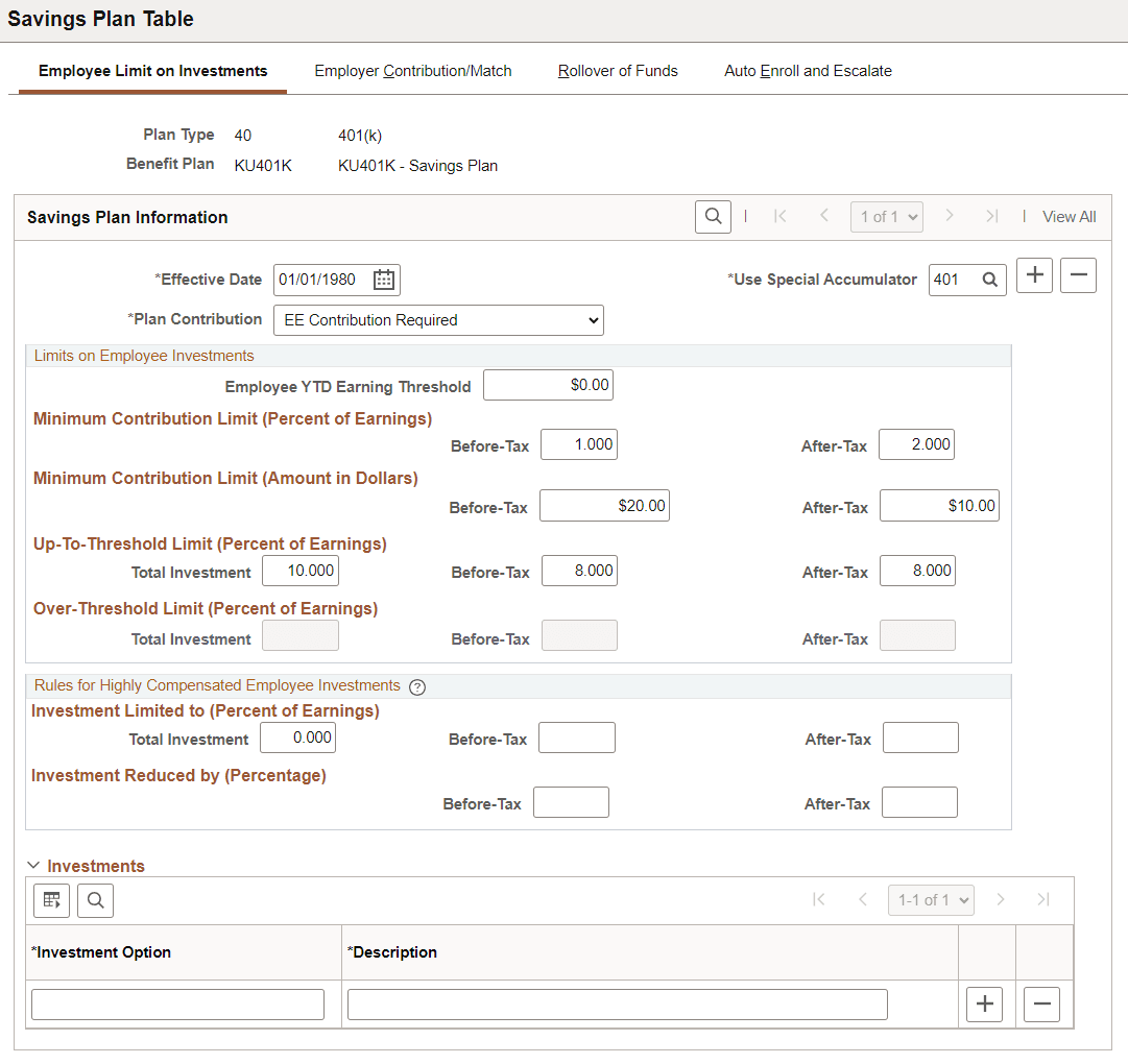 Employee Limit on Investments page of Saving Plan Table
