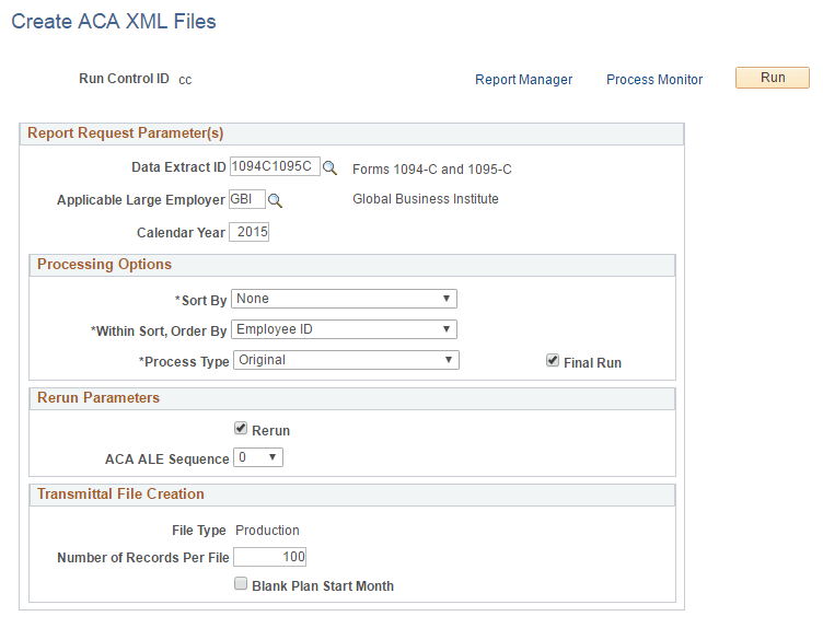 Create ACA XML Files page