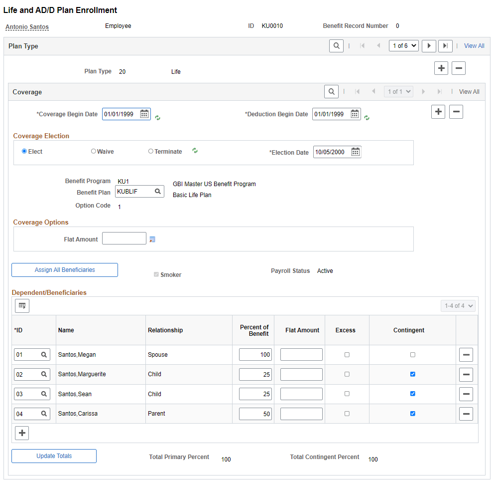 Life and AD/D Plan Enrollment page