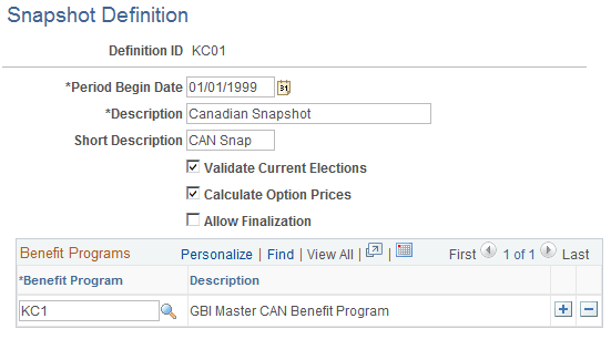 Snapshot Definition page