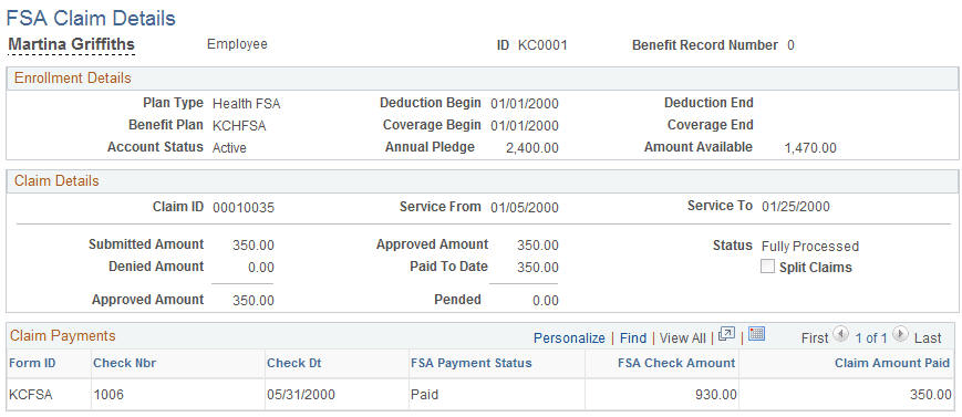 FSA Claim Details page
