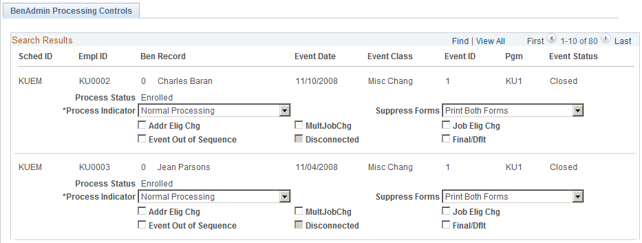BenAdmin Processing Controls page