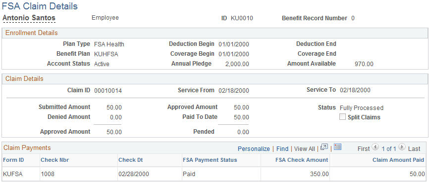 FSA Claim Details (CAN) page