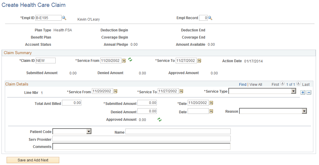 (CAN) Create Health Care Claim page