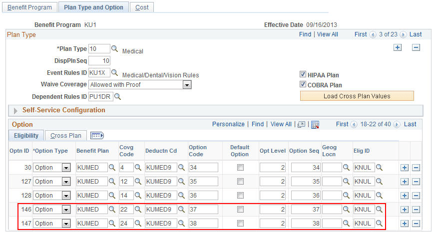 Benefit Program - Plan Type and Option page