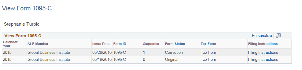 Self Service - View Form 1095-C page