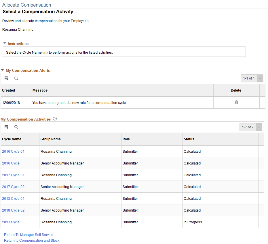 Allocate Compensation - Select a Compensation Activity page