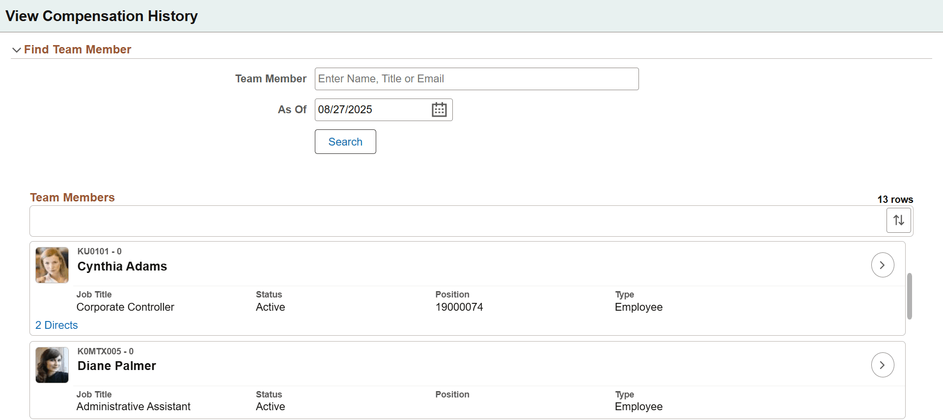View Compensation History - Find Team Member page