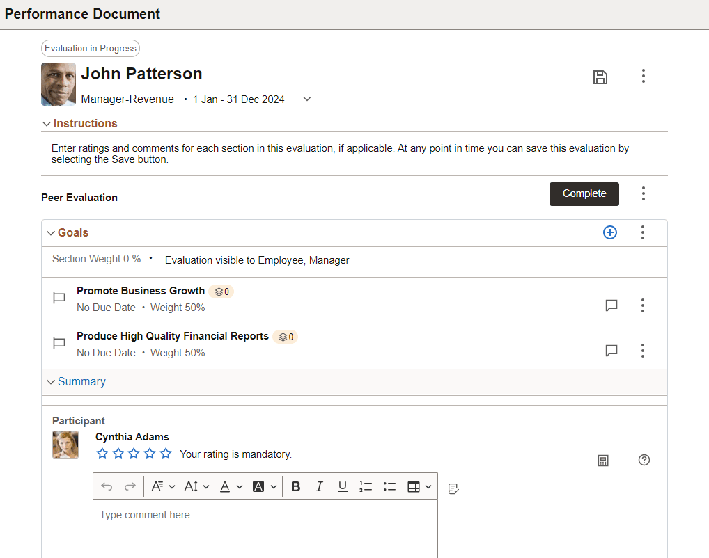 Performance Document page for Participant Evaluation