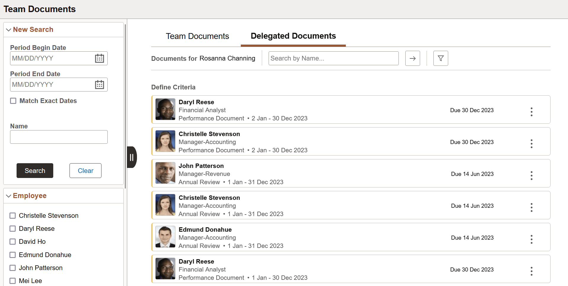 Delegated Documents page showing documents that are delegated to you