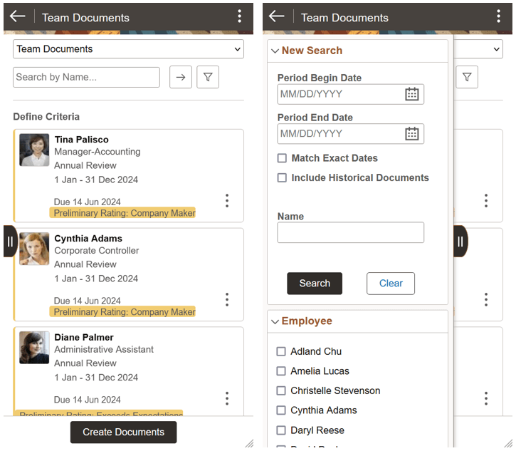 (Smartphone) Team Documents page
