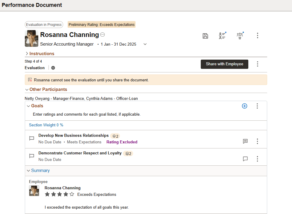 Performance Document page (Evaluation step) (1 of 4)