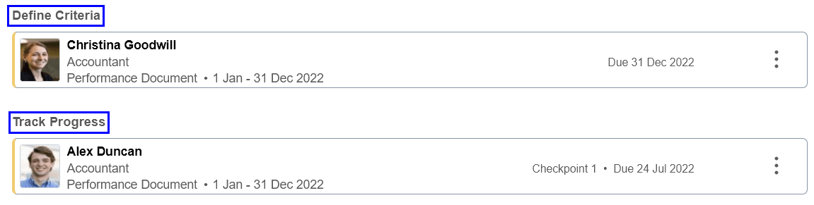 List of documents displayed in card structure and grouped by document status