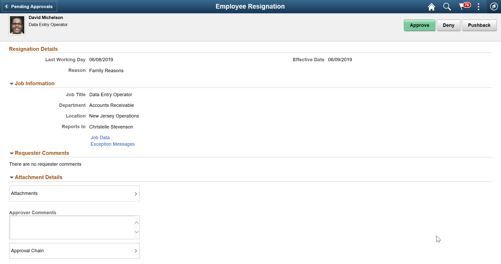 Employee Resignation HR Administrator page
