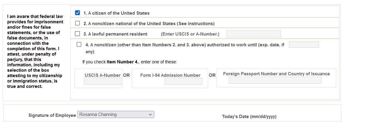 Employment Eligibility Verification page, Section 1 (2 of 3)