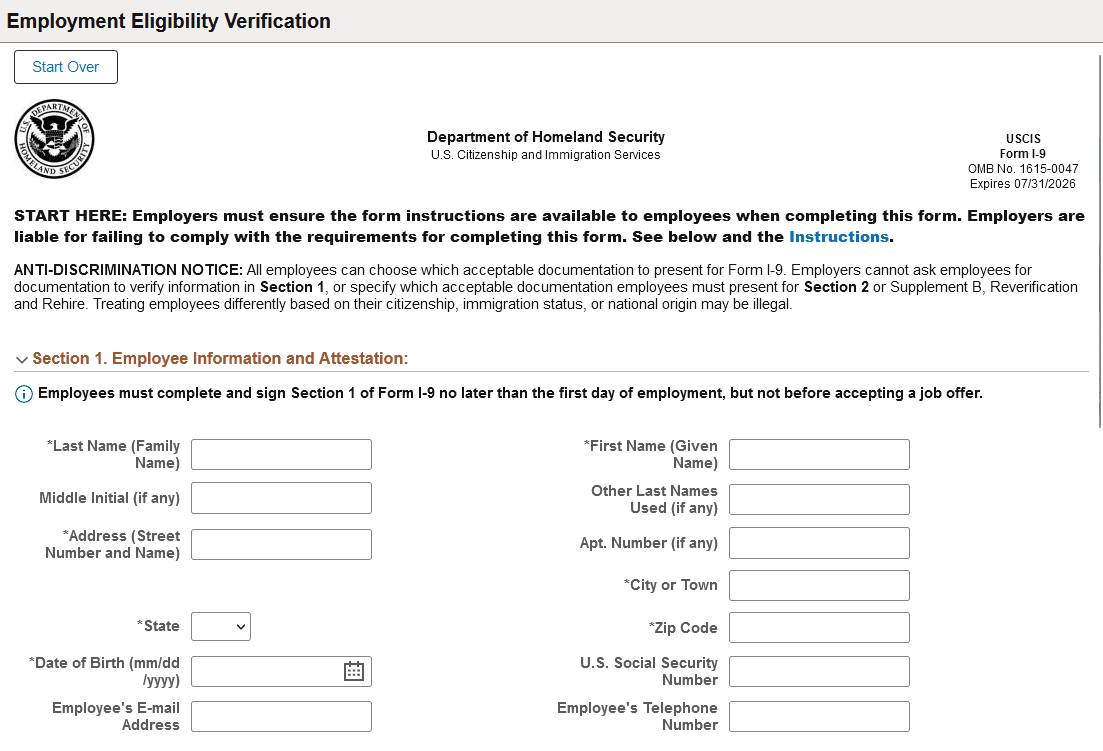 (Fluid) Employment Eligibility Verification page, Section 1 (1 of 3)