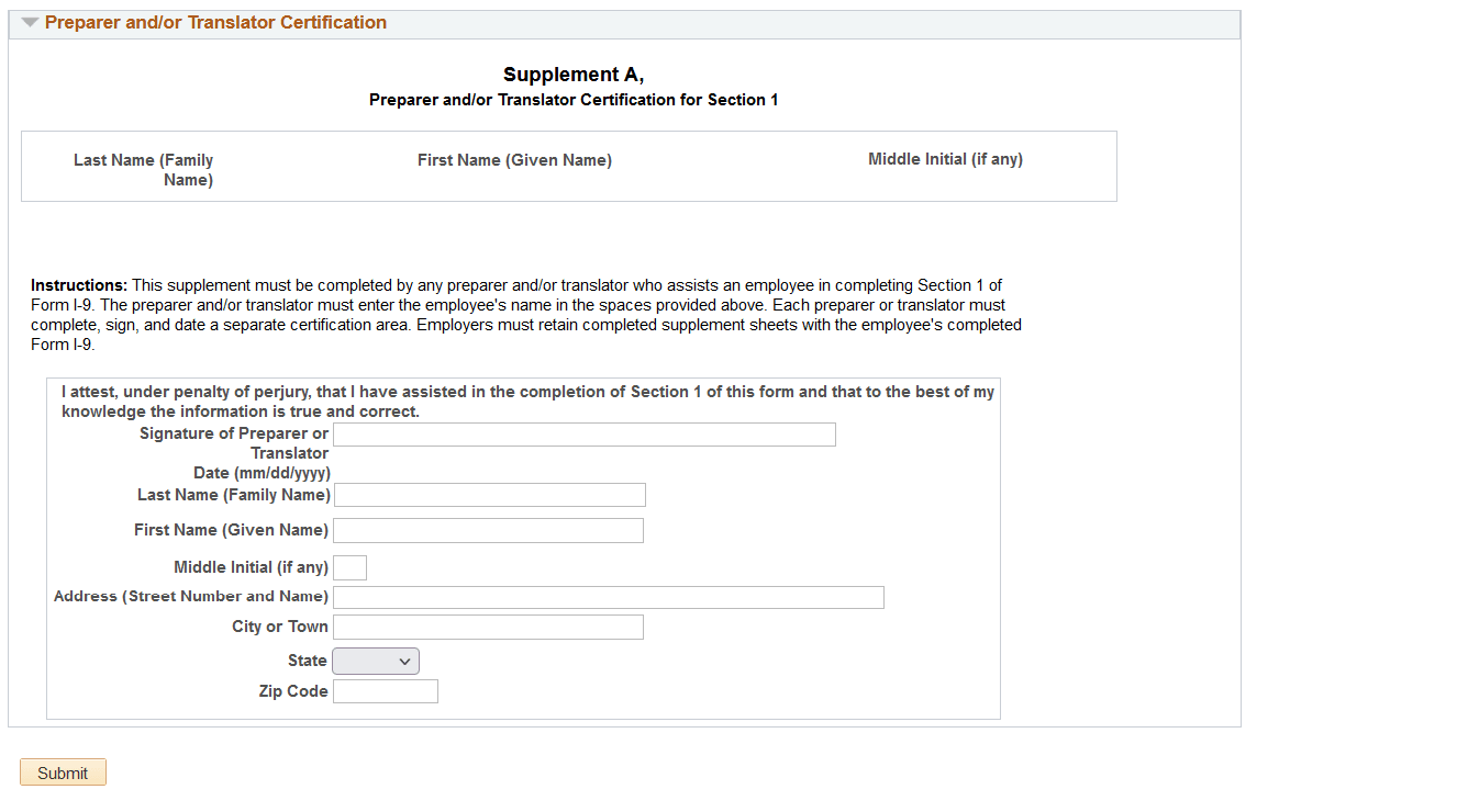 Employment Eligibility Verification page: Preparer and/or Translator Certification for Section 1