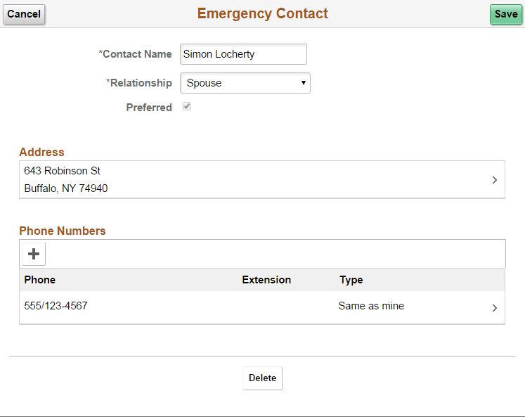 Emergency Contact (detail) page