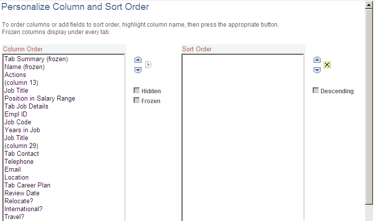Personalize Column and Sort Order page (1 of 2)