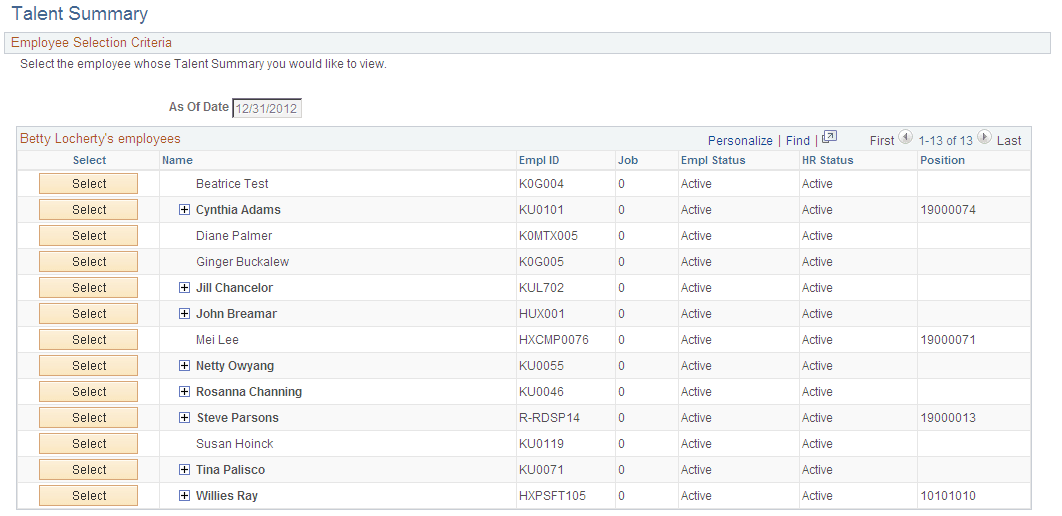 Talent Summary - Employee Selection Criteria page