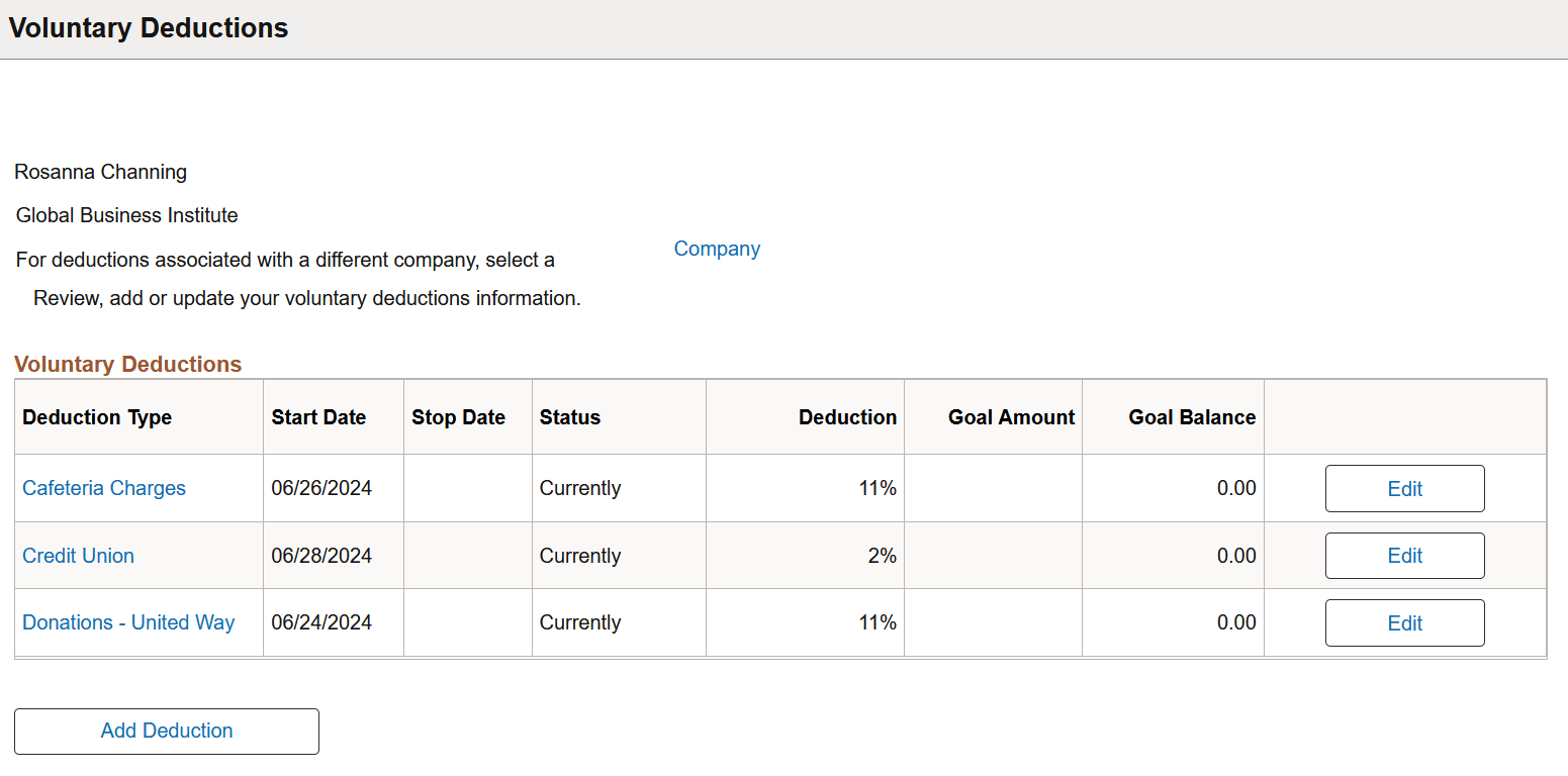 Voluntary Deductions page