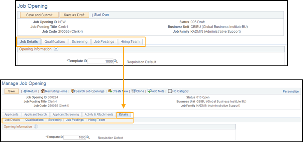 Job Opening Details on the Job Opening page and the Manage Job Opening page