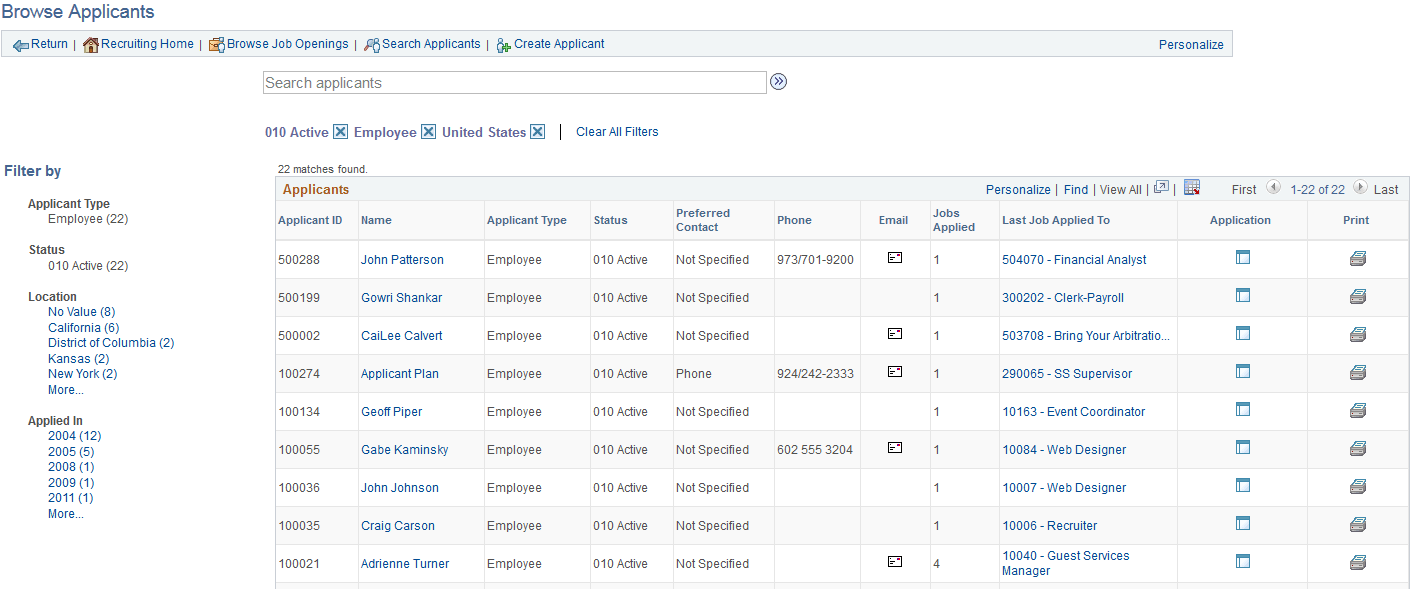 Browse Applicants page