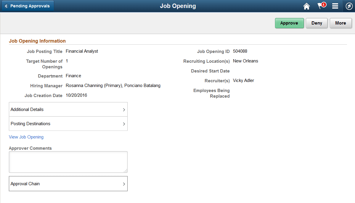 Fluid Job Opening approval page