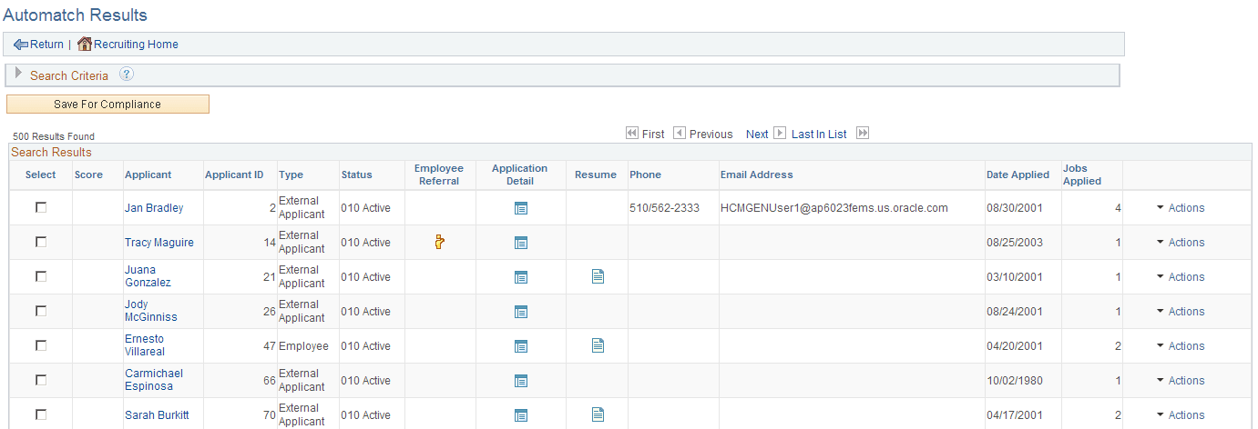 Automatch Results page