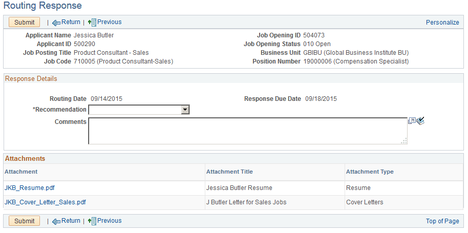 Routing Response detail page