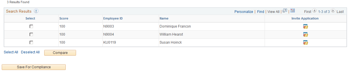 Recruitment Profile Match page: search results for employees