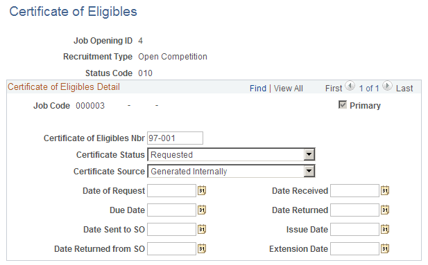 Certificate of Eligibles (certificate data) page