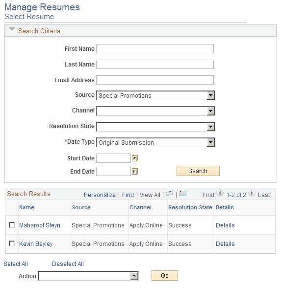 Manage Resumes - Select Resume page