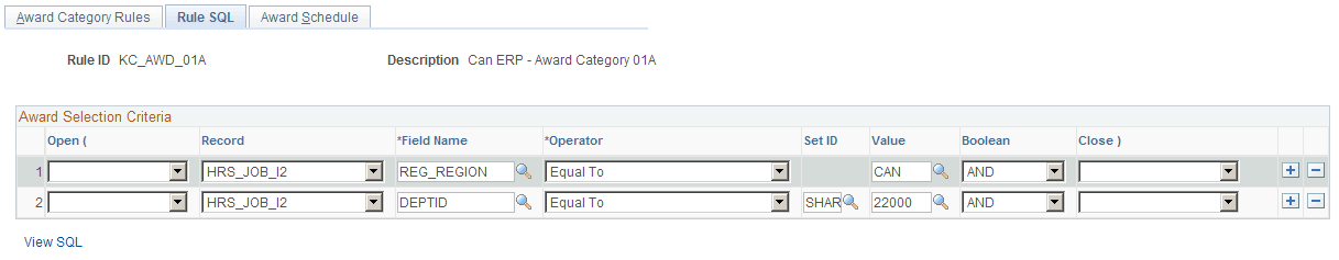 Referral Category Rules - Rule SQL page