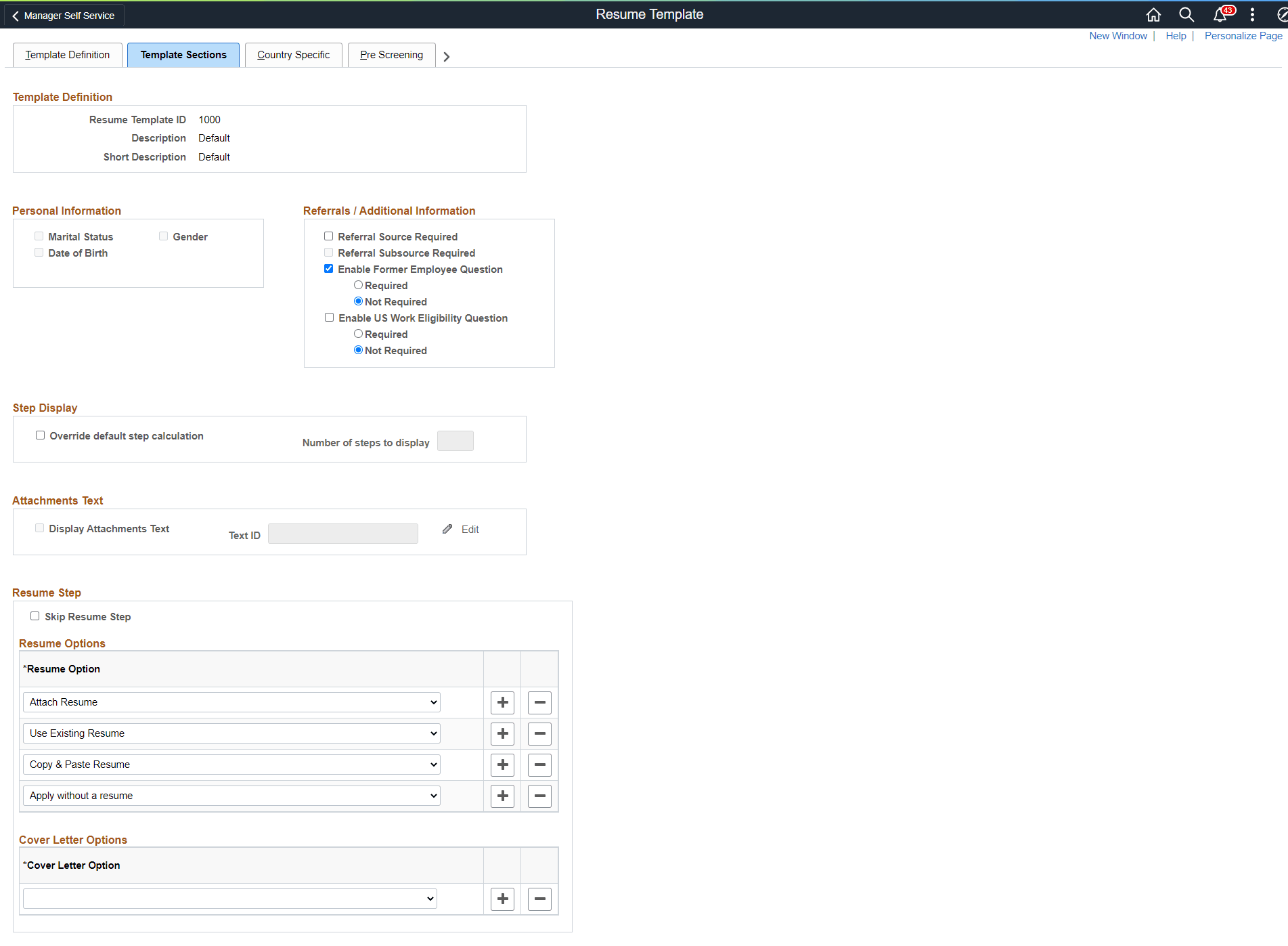 Template Sections page (1 of 2)
