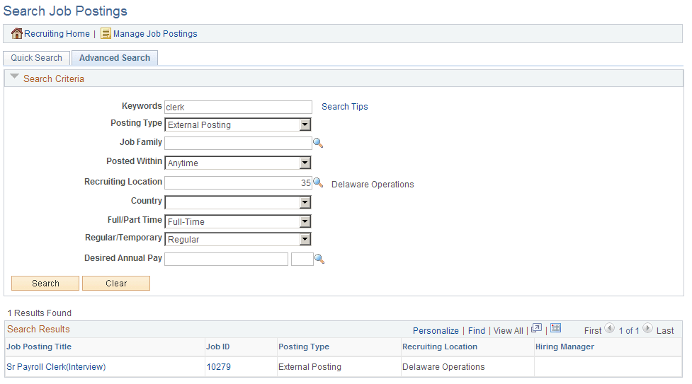 Search Job Postings page: Advanced Search tab