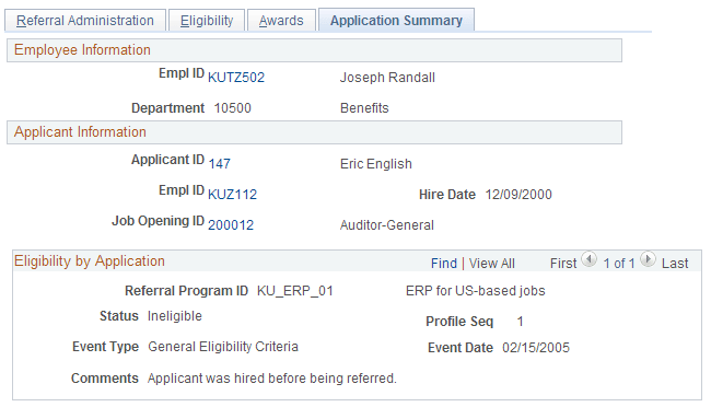 Application Summary page