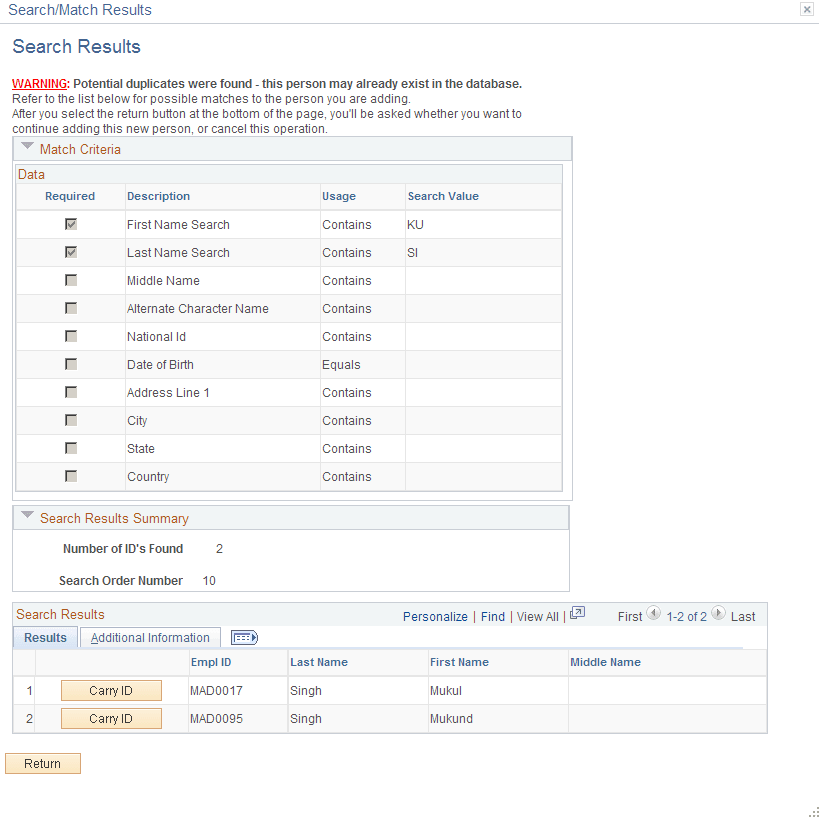 Search Results page (1 of 2)