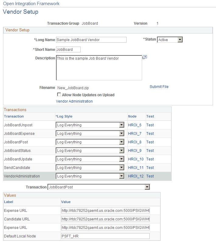 Vendor Setup page after loading vendor configuration file