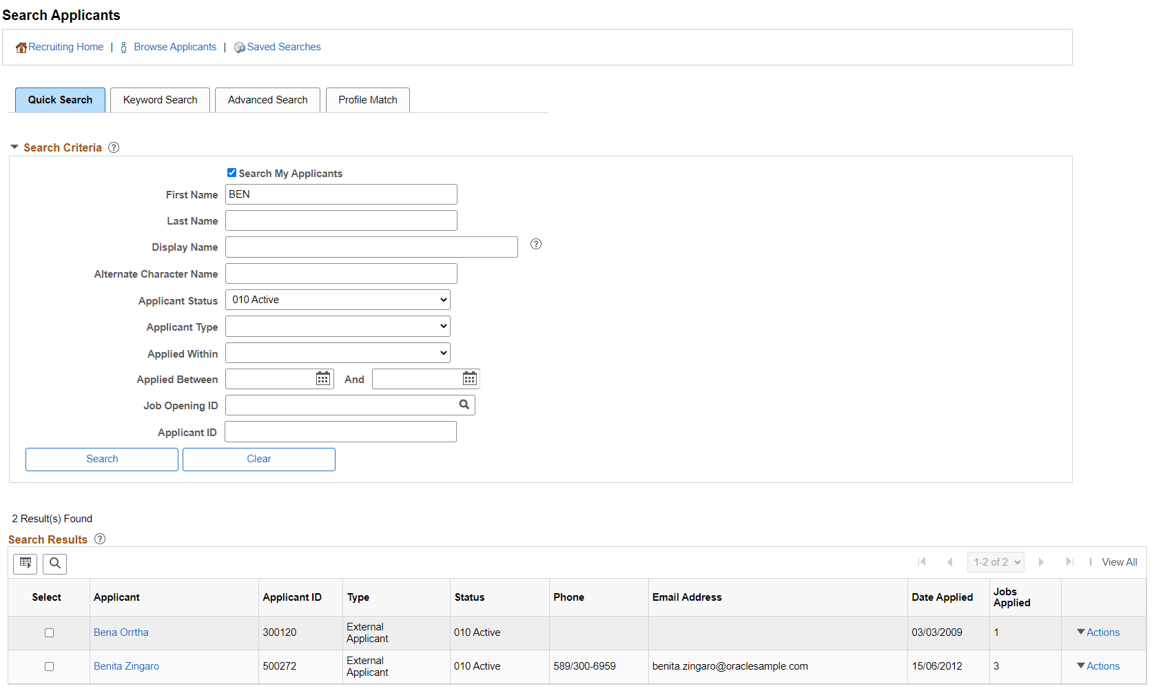 Search Applicants - Quick Search Results
