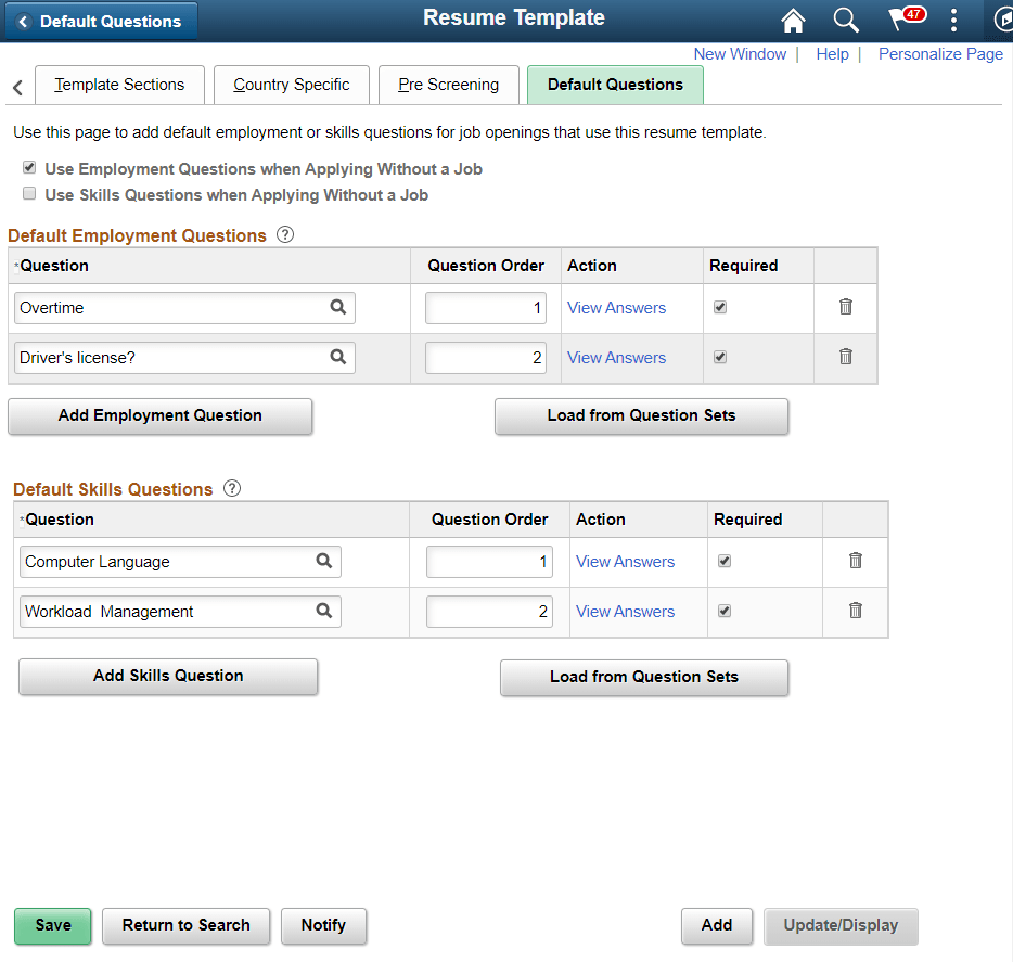 Default Questions page.