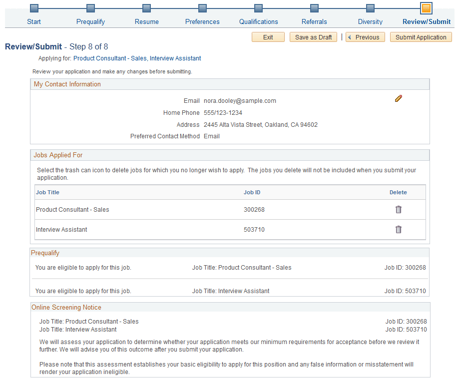 Review and Submit page (1 of 7)