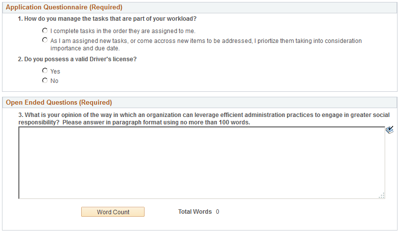 Application Questionnaire section
